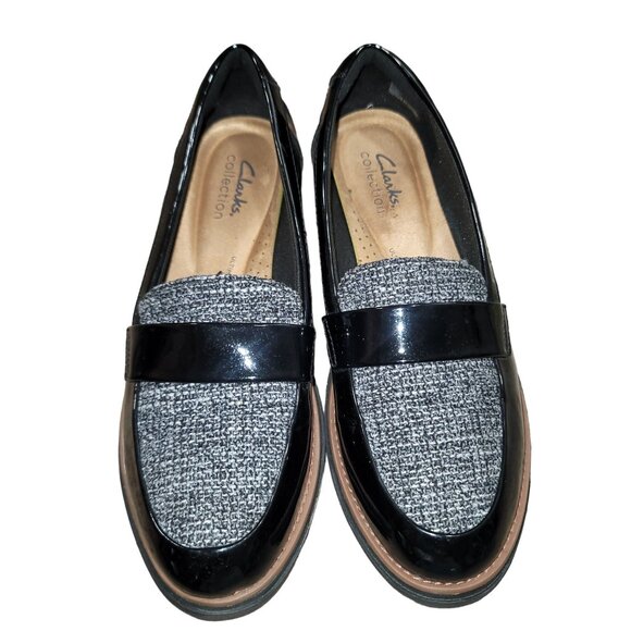 CLARKS Womens Black Wedge Chunky Penny Loafers Y2K 90s Career Preppy Academia 7 - Picture 9 of 9